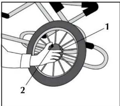 Diagram showing a hand holding a bicycle wheel with labeled parts 1 and 2