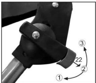 Technical diagram of a mechanical clamp or bracket with numbered parts and rotational arrows indicating motion or assembly.