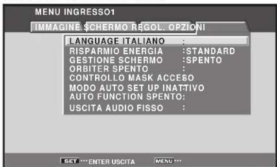 MENU INGRESSO1 IMMAGINE $CHERMO REGOL. OPZIONI LANGUAGE ITALIANO : RISPARMIO ENERGIA :STANDARD GESTIONE SCHERMO :SPENTO ORBITER SPENTO : CONTROLLO MASK ACCESO MODO AUTO SET UP INATTIVO AUTO FUNCTION SPENTO: USCITA AUDIO FISSO :