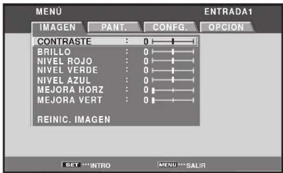 MENU INTRADA1 IMAGEN PANT. CONFIG. OPCION CONTRASTE : 0 BRILLO : 0 NIVEL ROJO : 0 NIVEL VERDE : 0 NIVEL AZUL : 0 MEJORA HORZ : 0 MEJORA VERT : 0 REINIC. IMAGEN SET ***INTRO MENU *** SALIR