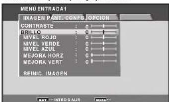 MENU ENTRADA1 IMAGEN PANT. CONFIG OPCION CONTRASTE : 6 DIVILLO : 0 NIVEL ROJO : 0 NIVEL VERDE : 0 NIVEL AZUL : 0 MEJORA HORZ : 0 MEJORA YERT : 0 REINIC IMAGEN