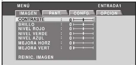 MENU INTRADA1 IMAGEN PANT. CONFIG. OPCION CONTRASTE : 0 BRILLO : 0 NIVEL ROJO : 0 NIVEL VERDE : 0 NIVEL AZUL : 0 MEJORA HORZ : 0 MEJORA VERT : 0 REINIC. IMAGEN