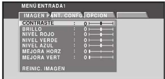 MENU ENTRADA1 IMAGEN PANT. CONFIG. OPCION CONTRASTE : 0 BRILLO : 0 NIVEL ROJO : 0 NIVEL VERDE : 0 NIVEL AZUL : 0 MEJORA HORZ : 0 MEJORA VERT : 0 REINIC. IMAGEN