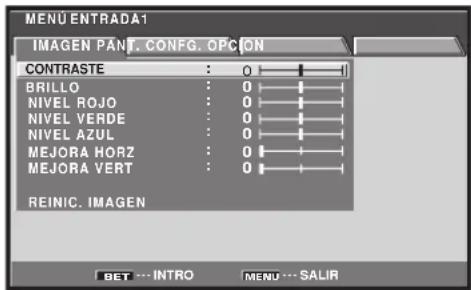 MENU ENTRADA1 IMAGEN PANT. CONFIG. OPCION CONTRASTE : 0 BRILLO : 0 NIVEL ROJO : 0 NIVEL VERDE : 0 NIVEL AZUL : 0 MEJORA HORZ : 0 MEJORA VERT : 0 REINIC. IMAGEN BET --- INTRO MENU --- SALIR
