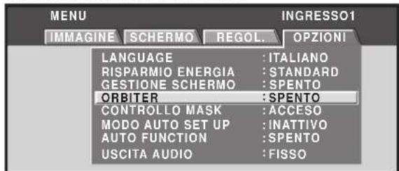 MENU IMMAGINE SCHERMO REGOL. OPZIONI LANGUAGE : ITALIANO RISPARMIO ENERGIA : STANDARD GESTIONE SCHERMO : SPENTO ORBITER : SPENTO CONTROLLO MASK : ACCESO MODO AUTO SET UP : INATTIVO AUTO FUNCTION : SPENTO USCITA AUDIO : FISSO