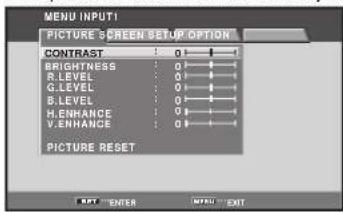 MENU INPUT PICTURE S SCREEN SETUP OPTION CONTRAST: 0 BRIGHTNESS: 0 R.LEVEL: 0 G.LEVEL: 0 B.LEVEL: 0 H. ENHANCE: 0 V. ENHANCE: 0 PICTURE RESET REF ENTER INTEN EXIT