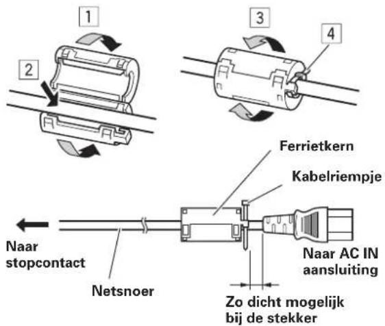 1 2 3 4 Ferrietkern Kabelriempje Naar stopcontact Netsnoer Zo dicht mogelijk bij de stekker Naar AC IN aansluiting