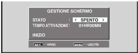 GESTIONE SCHERMO STATO : SPENTO TEMPO ATTIVAZIONE: 01HR00MN INIZIO SET ... INVIO MENU ... USCITA