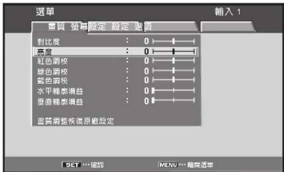 選單 輸入 1 畫質 發導設定 設定 選項 對比度 : 0 亮度 : 0 紅色調校 : 0 綠色調校 : 0 藍色調校 : 0 水平暢度損益 : 0 垂直暢度損益 : 0 畫質調整核復原數設定 SET … 確認 MENU … 離開選單
