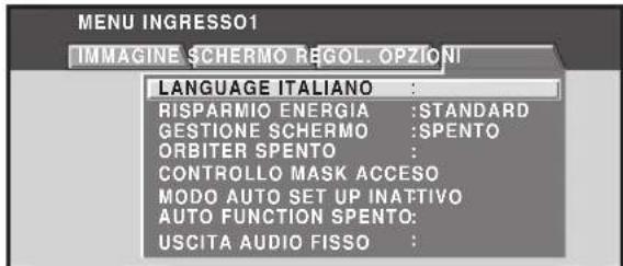 MENU INGRESSO1 IMMAGINE SCHERMO REGOL. OPZIONI LANGUAGE ITALIANO : RISPARMIO ENERGIA :STANDARD GESTIONE SCHERMO :SPENTO ORBITER SPENTO : CONTROLLO MASK ACCESO MODO AUTO SET UP INATTIVO AUTO FUNCTION SPENTO: USCITA AUDIO FISSO :