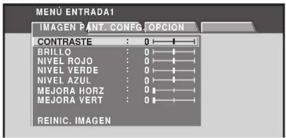 MENU ENTRADA1 IMAGEN PANT. CONFIG. OPCION CONTRASTE : 0 BRILLO : 0 NIVEL ROJO : 0 NIVEL VERDE : 0 NIVEL AZUL : 0 MEJORA HORZ : 0 MEJORA VERT : 0 REINIC. IMAGEN