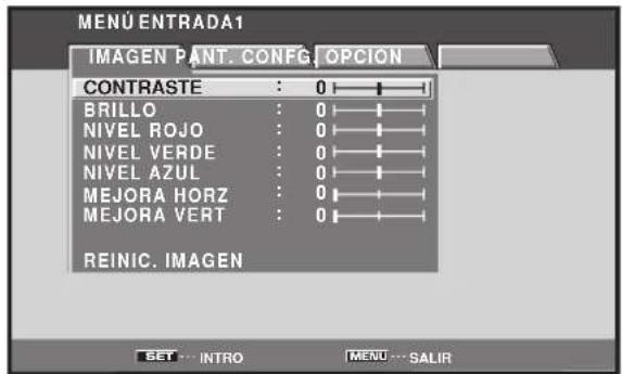 MENU ENTRADA1 IMAGEN PANT. CONFIG. OPCION CONTRASTE : 0 BRILLO : 0 NIVEL ROJO : 0 NIVEL VERDE : 0 NIVEL AZUL : 0 MEJORA HORZ : 0 MEJORA VERT : 0 REINIC. IMAGEN SET ... INTRO MENU ... SALIR
