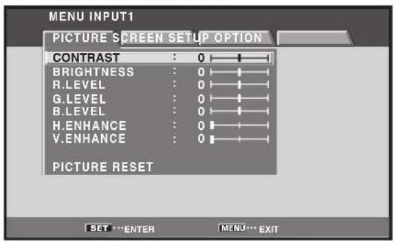 MENU INPUT1 PICTURE SCREEN SETUP OPTION CONTRAST : 0 BRIGHTNESS : 0 R.LEVEL : 0 G.LEVEL : 0 B.LEVEL : 0 H. ENHANCE : 0 V. ENHANCE : 0 PICTURE RESET SET ***ENTER MENU*** EXIT