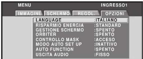 MENU IMMAGINE SCHERMO REGOL. OPZIONI LANGUAGE :ITALIANO RISPARMIO ENERGIA :STANDARD GESTIONE SCHERMO :SPENTO ORBITER :SPENTO CONTROLLO MASK :ACCESO MODO AUTO SET UP :INATTIVO AUTO FUNCTION :SPENTO USCITA AUDIO :FISSO