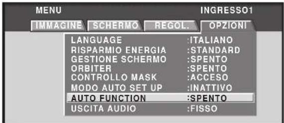 MENU IMMAGINE SCHERMO REGOL. OPZIONI LANGUAGE :ITALIANO RISPARMIO ENERGIA :STANDARD GESTIONE SCHERMO :SPENTO ORBITER :SPENTO CONTROLLO MASK :ACCESO MODO AUTO SET UP :INATTIVO AUTO FUNCTION :SPENTO USCITA AUDIO :FISSO