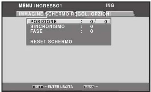 MENU INGRESSO1 IMMAGINE SCHERMO REGOL. OPZIONI POSIZIONE : 0 / 0 SINCRONISMO : 0 FASE : 0 RESET SCHERMO SET ---ENTER USCITA MENU ---