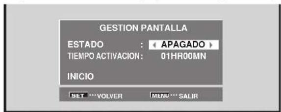 GESTION PANTALLA ESTADO : APAGADO > TIEMPO ACTIVACION: 01HR00MN INICIO SET ***VOLVER MENU *** SALIR