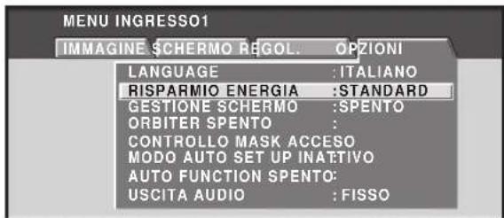 MENU INGRESSO1 IMMAGINE SCHERMO REGOL. OPZIONI LANGUAGE : ITALIANO RISPARMIO ENERGIA :STANDARD GESTIONE SCHERMO :SPENTO ORBITER SPENTO : CONTROLLO MASK ACCESO MODO AUTO SET UP INATTIVO AUTO FUNCTION SPENTO: USCITA AUDIO : FISSO