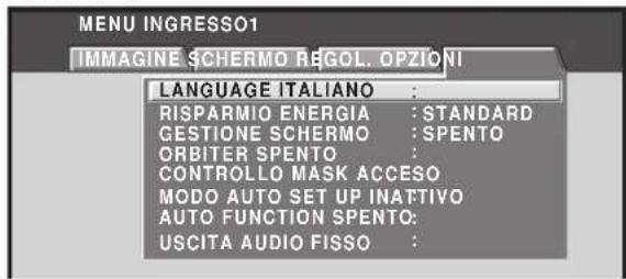 MENU INGRESSO1 IMMAGINE SCHERMO REGOL. OPZIONI LANGUAGE ITALIANO : RISPARMIO ENERGIA : STANDARD GESTIONE SCHERMO : SPENTO ORBITER SPENTO : CONTROLLO MASK ACCESO MODO AUTO SET UP INATTIVO AUTO FUNCTION SPENTO: USCITA AUDIO FISSO :