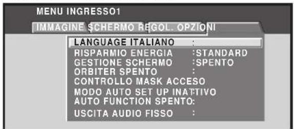 MENU INGRESSO1 IMMAGINE SCHERMO REGOL. OPZIONI LANGUAGE ITALIANO : RISPARMIO ENERGIA :STANDARD GESTIONE SCHERMO :SPENTO ORBITER SPENTO : CONTROLLO MASK ACCESO MODO AUTO SET UP INATTIVO AUTO FUNCTION SPENTO: USCITA AUDIO FISSO :