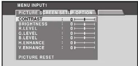 MENU INPUT1 PICTURE SCREEN SETUP OPTION CONTRAST : 0 BRIGHTNESS : 0 R.LEVEL : 0 G.LEVEL : 0 B.LEVEL : 0 H.ENHANCE : 0 V.ENHANCE : 0 PICTURE RESET