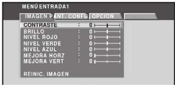 MENU ENTRADA1 IMAGEN PANT. CONFIG. OPCION CONTRASTE : 0 | BRILLO : 0 NIVEL ROJO : 0 NIVEL VERDE : 0 NIVEL AZUL : 0 MEJORA HORZ : 0 MEJORA VERT : 0 REINIC. IMAGEN