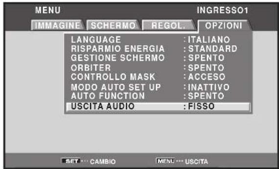 MENU IMMAGINE SCHERMO REGOL. OPZIONI LANGUAGE : ITALIANO RISPARMIO ENERGIA : STANDARD GESTIONE SCHERMO : SPENTO ORBITER : SPENTO CONTROLLO MASK : ACCESO MODO AUTO SET UP : INATTIVO AUTO FUNCTION : SPENTO USCITA AUDIO : FISSO SET ... CAMBIO MENU ... USCITA