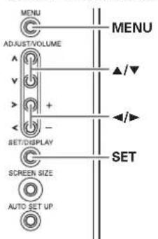 MENU ADJUST/VOLUME A V + - SET/DISPLAY SCREEN SIZE AUTO SET UP MENU ▲/▼ ◄/► SET