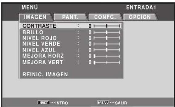 MENU INTRADA1 IMAGEN PANT. CONFIG. OPCION CONTRASTE : 0 BRILLO : 0 NIVEL ROJO : 0 NIVEL VERDE : 0 NIVEL AZUL : 0 MEJORA HORZ : 0 MEJORA VERT : 0 REINIC. IMAGEN SET ...INTRO MENU ...SALIR