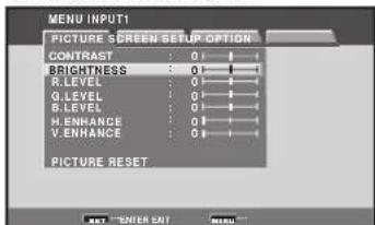 MENU INPUT1 PICTURE SCREEN SETUP OPTION CONTRAST : 0 | 1 | BRIGHTNESS : 0 | 1 | R_LEVEL : 0 | 1 | G_LEVEL : 0 | 1 | B_LEVEL : 0 | 1 | H_ENHANCE : 0 | 1 | V_ENHANCE : 0 | 1 | PICTURE RESET OK Cancel Exit Cancel