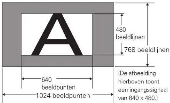 A 480 beeldlijnen 768 beeldlijnen 640 beeldpunten 1024 beeldpunten (De afbeelding hierboven toont een ingangssignaal van 640 x 480.)