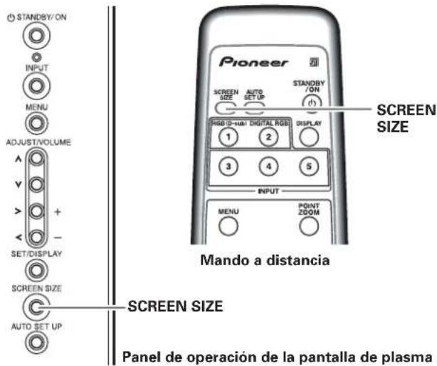 STANDBY/ON INPUT MENU ADJUST/VOLUME + - SET/DISPLAY SCREEN SIZE AUTO SET UP Pioneer SCREEN SIZE AUTO SET UP RGB 10-HAB! DIGITAL RGB DISPLAY 1 2 3 4 5 INPUT MENU POINT ZOOM Mando a distancia SCREEN SIZE Panel de operación de la pantalla de plasma