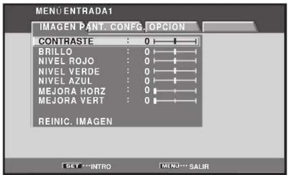 MENU ENTRADA1 IMAGEN PANT. CONFIG. OPCION CONTRASTE : 0 BRILLO : 0 NIVEL ROJO : 0 NIVEL VERDE : 0 NIVEL AZUL : 0 MEJORA HORZ : 0 MEJORA VERT : 0 REINIC. IMAGEN GET ...INTRO MENU... SALIR
