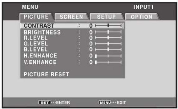 MENU PICTURE SCREEN SETUP OPTION CONTRAST : 0 BRIGHTNESS : 0 R.LEVEL : 0 G.LEVEL : 0 B.LEVEL : 0 H. ENHANCE : 0 V. ENHANCE : 0 PICTURE RESET SET ... ENTER MENU ... EXIT