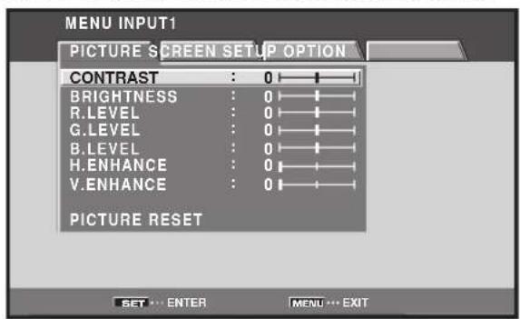 MENU INPUT1 PICTURE SCREEN SETUP OPTION CONTRAST : 0 BRIGHTNESS : 0 R.LEVEL : 0 G.LEVEL : 0 B.LEVEL : 0 H. ENHANCE : 0 V. ENHANCE : 0 PICTURE RESET SET ... ENTER MENU ... EXIT
