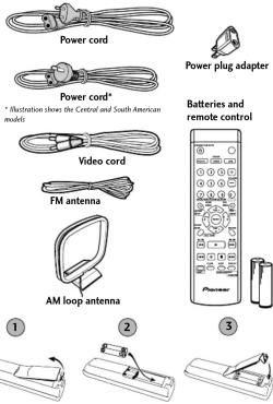 Power cord Power plug adapter Power cord* * Illustration shows the Central and South American models Video cord FM antenna AM loop antenna Batteries and remote control