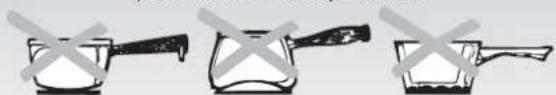 Three identical illustrations of cooking pots with crossed-out handles, no text or symbols present
