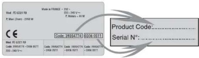 Mod. FE 6021 R8 220 - 240 V— P. Max (Dout) - 2350 W Made in FRANCE - 232 - 220 - 240 V— P. Meters - 80 W CE Code: 39354774 0306 0511 Med. FE 6021 R8 Code: 39354774 - 0306 0511 220 - 240 V— Code: 39354774 - 0306 0511 Code: 39354774 - 0306 0511 Product Code:............. Serial N°:............
