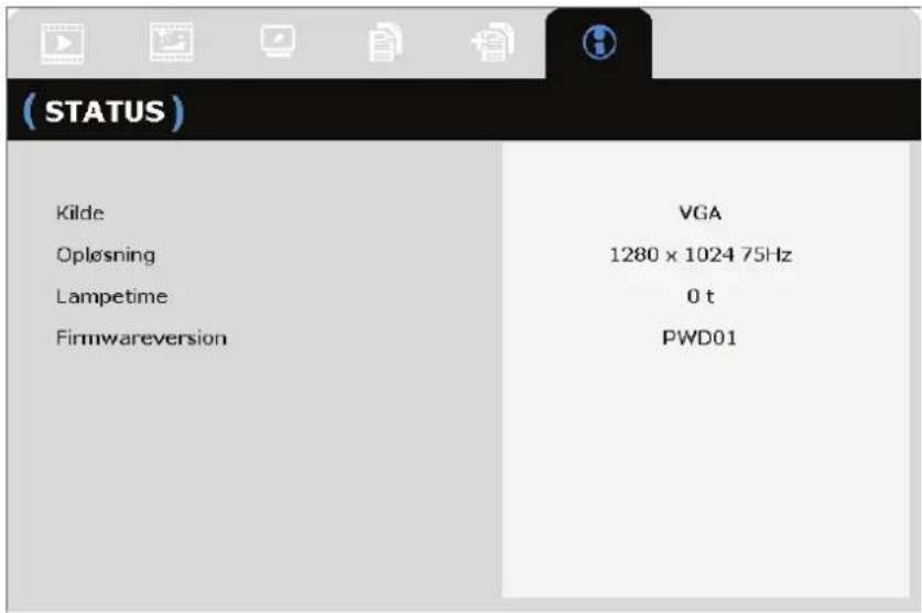 (STATUS) Kilde VGA Opløsning 1280 x 1024 75Hz Lampetime 0 t Firmwareversion PWD01