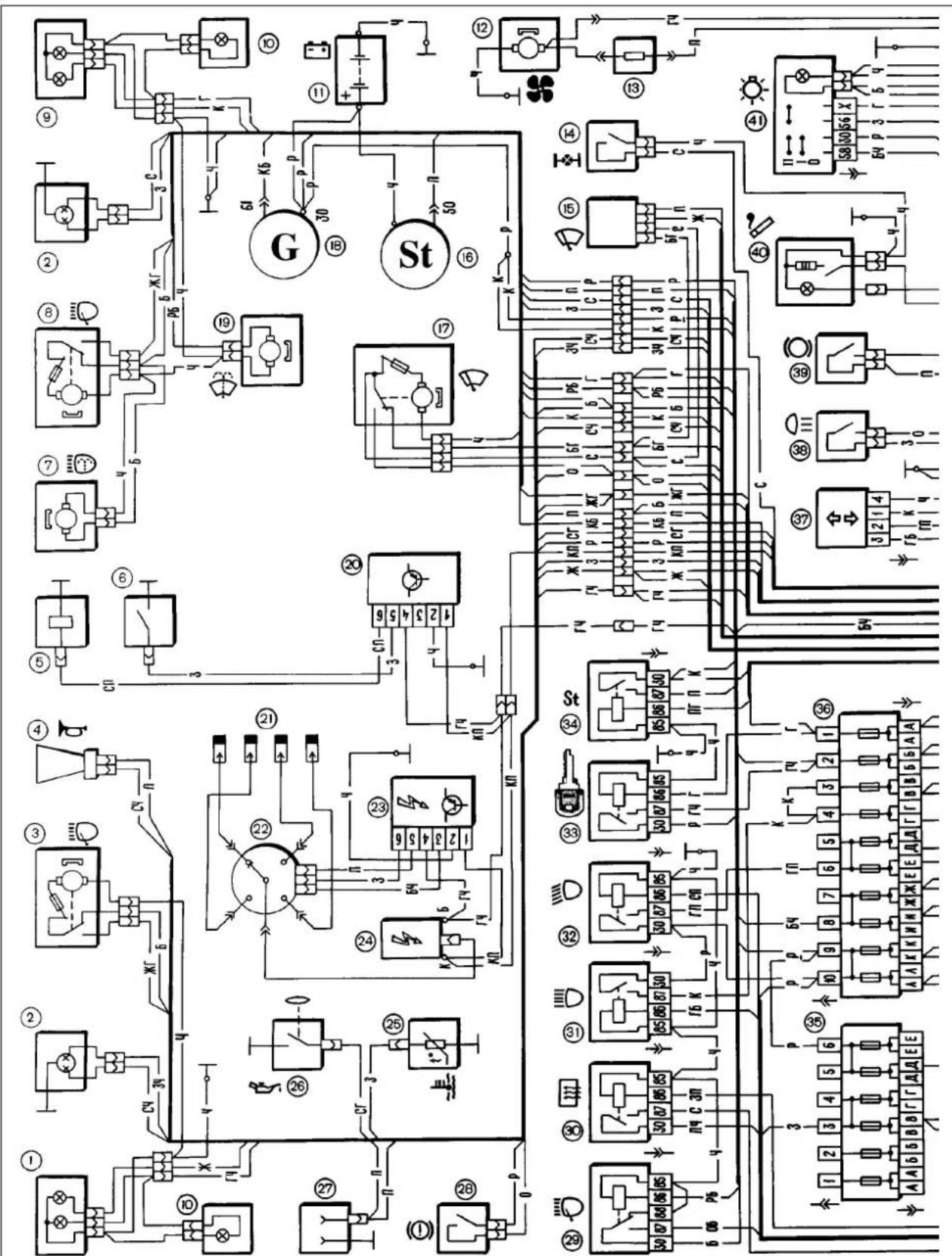 Electrical schematic diagram with labeled components and connections, including switches, relays, and wiring layouts.