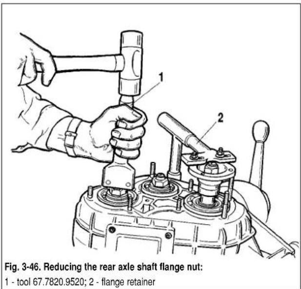 Fig. 3-46. Reducing the rear axle shaft flange nut: 1 - tool 67.7820.9520; 2 - flange retainer