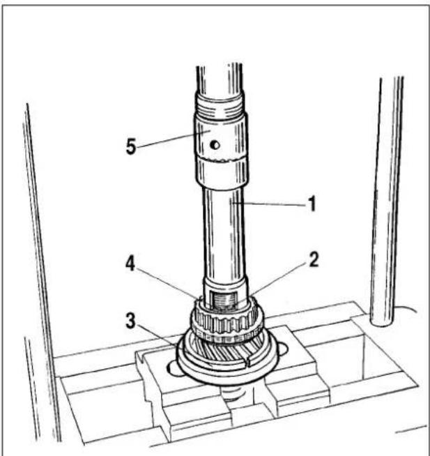 Technical diagram of a mechanical assembly with numbered components labeled 1 through 5