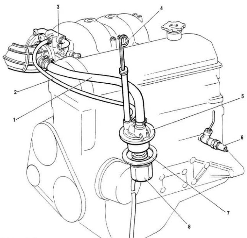 Technical diagram of an engine assembly with numbered components for identification