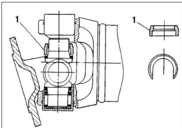 Technical mechanical drawing showing cross-sectional and top views of a bearing assembly with labeled components 1