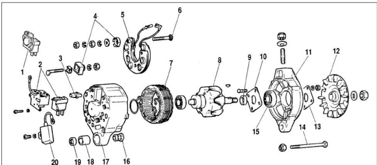 Exploded view diagram of an automotive motor assembly with numbered components for identification