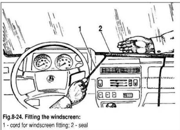 Fig.8-24. Fitting the windscreen: 1 - cord for windscreen fitting; 2 - seal