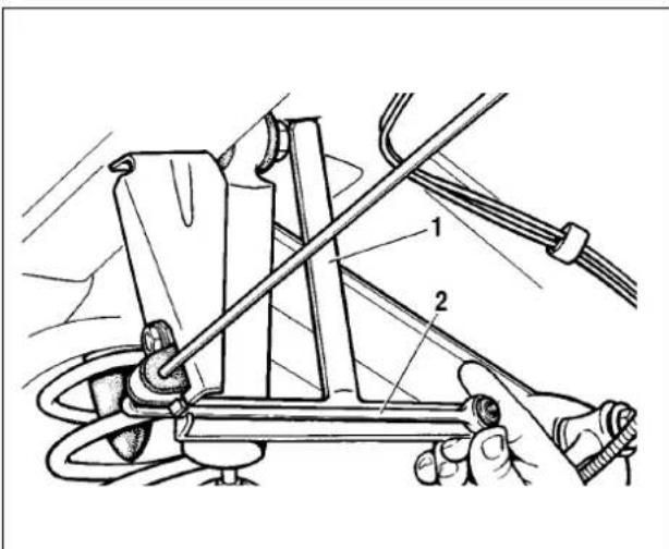 Technical diagram showing mechanical assembly with labeled parts 1 and 2, likely illustrating a linkage or cable connection mechanism.