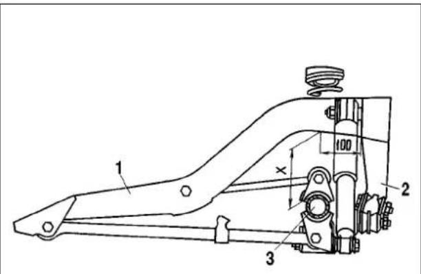 Technical diagram of a mechanical lever assembly with labeled parts and dimension annotations