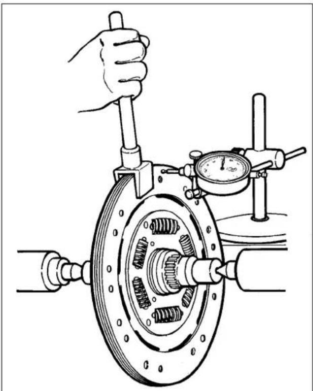 Technical illustration of a hand using a tool to adjust a mechanical component with a dial and gear mechanism (no text or symbols)