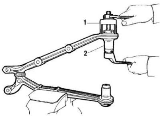 Technical diagram of a mechanical linkage assembly with labeled parts 1 and 2